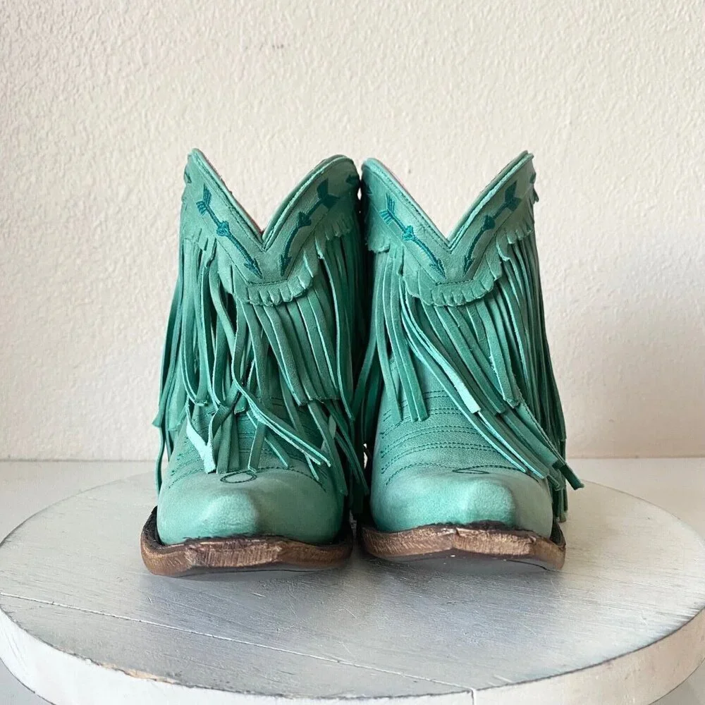 Lane Junk Gypsy Spitfire Fringe Cowboy Boots Turquoise Short Ankle Booties 5 New
